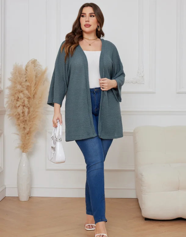 Oversized casual cardigan, women's plus size waffle knit cardigan with three-quarter length sleeves