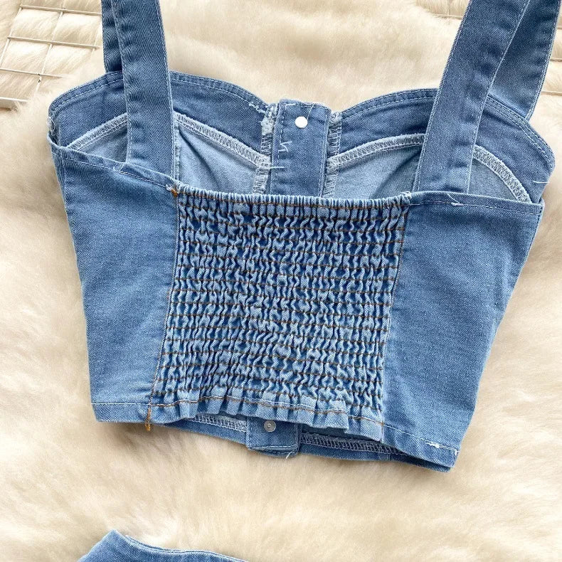 Two Piece Sets Women Sexy Dress Sets Skirt Set Sling Sleeveless Casual Denim Tops Short Skirts A Line Elegant Splice Y2k Summer