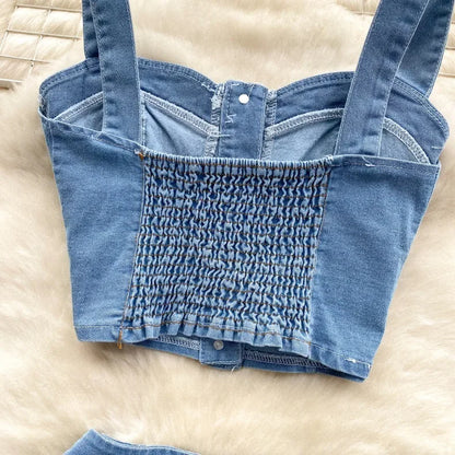 Two Piece Sets Women Sexy Dress Sets Skirt Set Sling Sleeveless Casual Denim Tops Short Skirts A Line Elegant Splice Y2k Summer