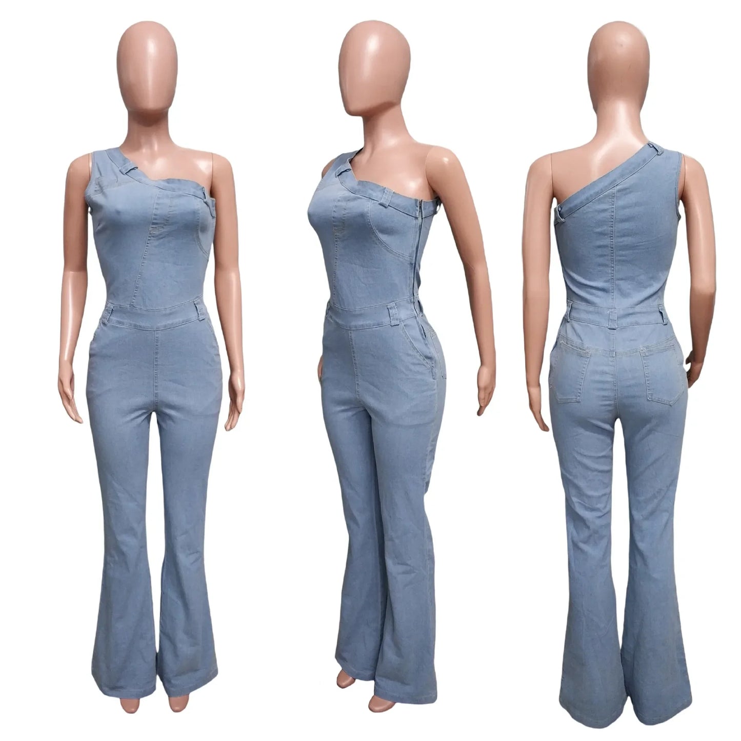 Flare Denim Pants Full Length Women Jeans One Piece Overalls Spliced Solid Jumpsuits Loose Pockets High Waist Basics Washed