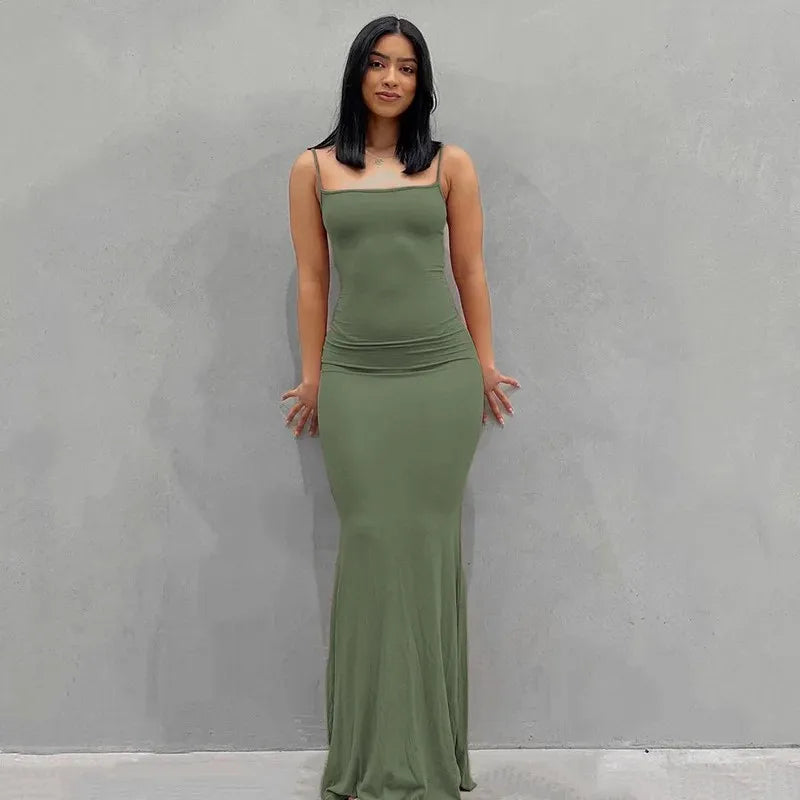 WUZIJING 2024 Satin Slip Sleeveless Backless Maxi Dress 2024 Y2K Summer Bodycon Elegant Sexy Outfits Ladies Birthday Party Club Green