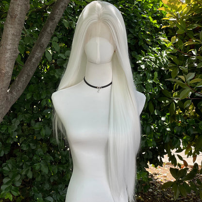 Elf Cosplay White 13x4 Lace Front Wigs for Women Synthetic 26 Inch Long Straight Free Part 150% Density Glueless Half Hand Tied