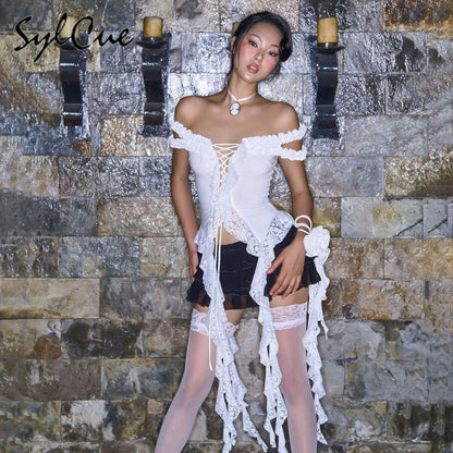 Sylcue Summer New Fashionable High Street Sweet Gentle Sexy Youth Girls Solid Color Shoulder Fringe Long Top