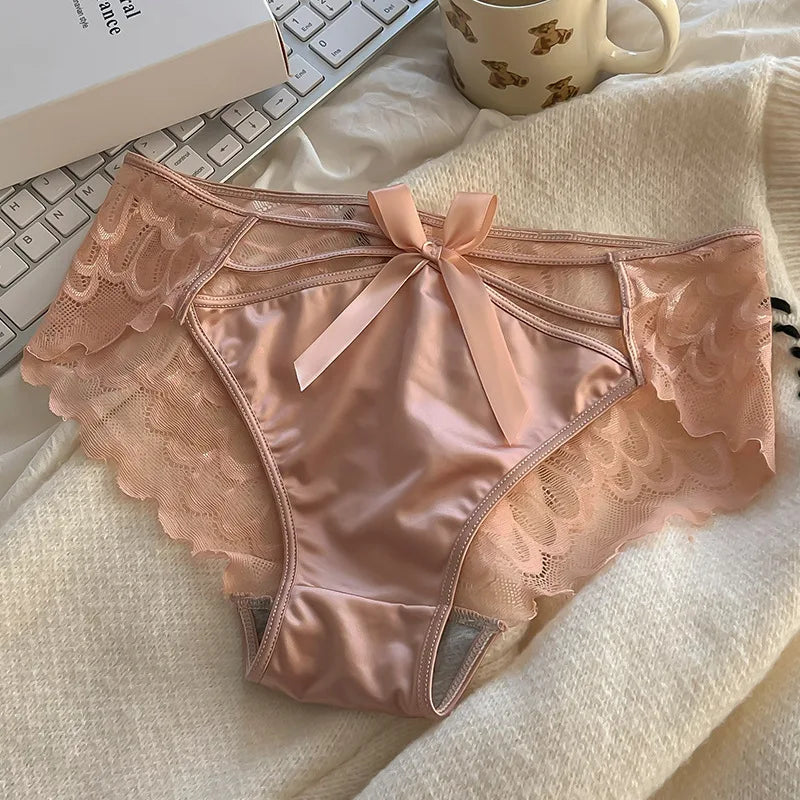 5Pcs Silk underwear, Women's intimate sexy lovely soft ﻿comfortable bowknot silk light thin triangular pants lace splicing