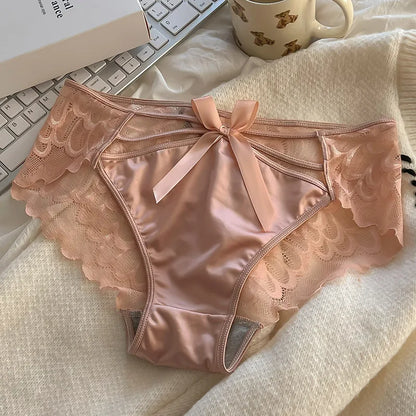 5Pcs Silk underwear, Women's intimate sexy lovely soft ﻿comfortable bowknot silk light thin triangular pants lace splicing