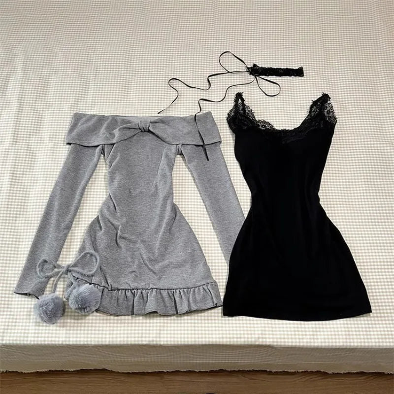 2024 High Street Two Piece Set Gray Slash Neck Long Sleeve Spliced Plested Dresses Y2k Aesthetic Vintage Lace Design Sling Dress Badiee Stylez