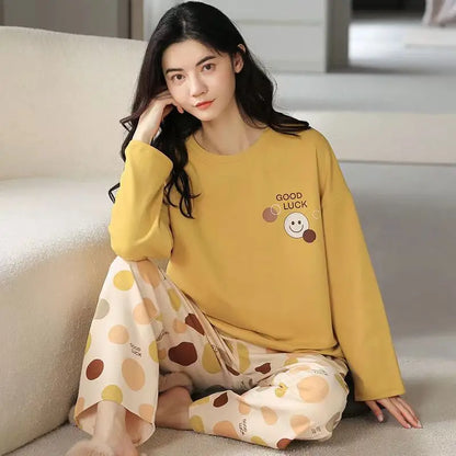 Women's Long Sleeve Long Pants Comfortable Pajamas Loungewear Women's Spring and Autumn New Plus Size Korean Loungewear Set K02Yellow