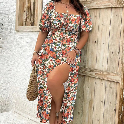 【Plus Size】 Ditsy Floral / All Over Print Split Thigh Dress, Casual Puff Sleeve Tie Front Dress, Women Plus Clothing for Summer 166570