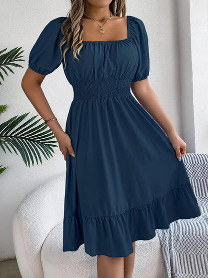 Spring and Summer Elegant High Waisted Dress Square Neck Short Sleeved Ruffled Edge Long Dresses for Women Badiee Stylez