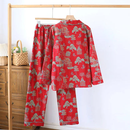 2025 New Spring and Autumn Women's Pajama Set 100% Cotton Retro Color Woven Home Clothes Long Sleeve Long Pants Two Piece Set
