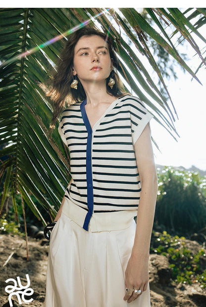 TOYOUTH Women Knitwear 2025 Summer New Short Sleeve Striped Contrast Color Pullover Tops 8523018