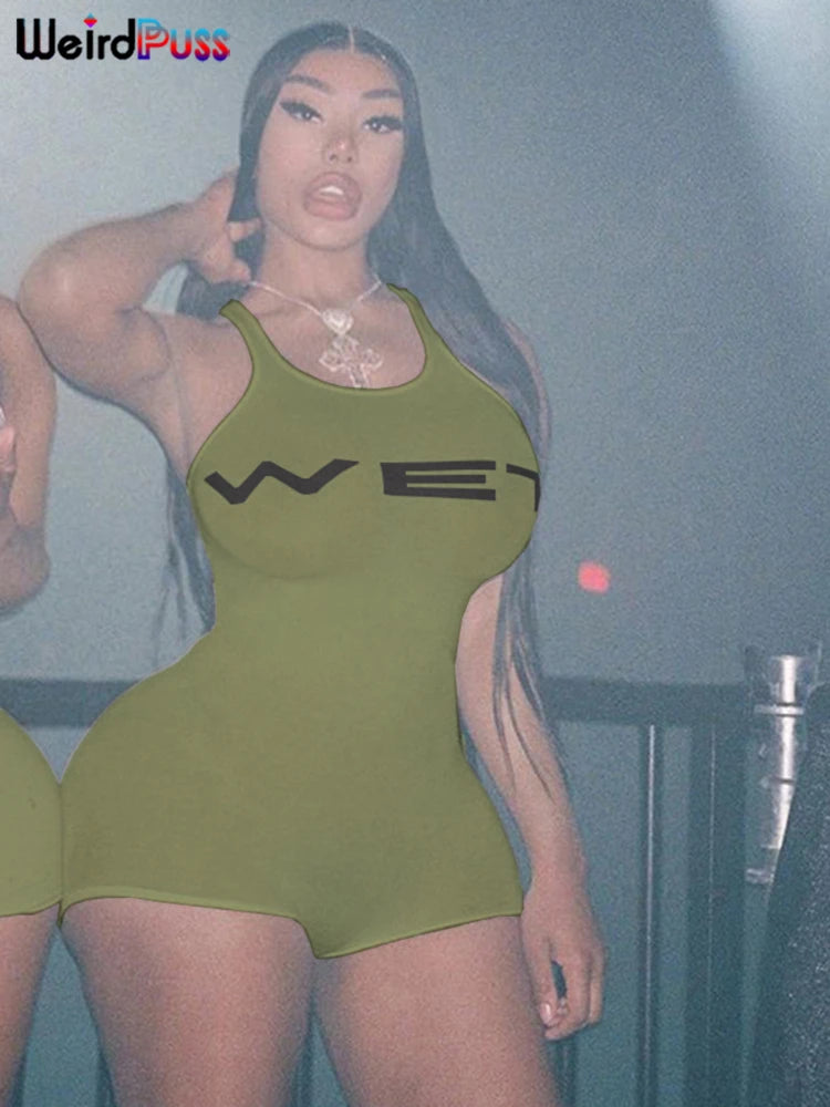 Weird Puss Letter Print Romper Women Low-Neck Sporty Casual Sleeveless Stretch Activity Skinny Playsuit Tight Short Overalls