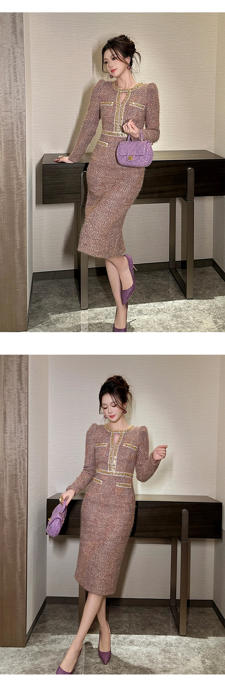 Women Clothes Vintage Tweed Hollow Sexy O-Neck Slim Midi Pencil Dress Elegant Fashion Evening Party Vestidos Formal Occasion New