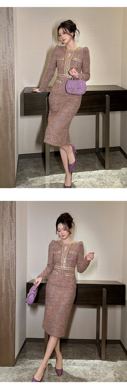 Women Clothes Vintage Tweed Hollow Sexy O-Neck Slim Midi Pencil Dress Elegant Fashion Evening Party Vestidos Formal Occasion New