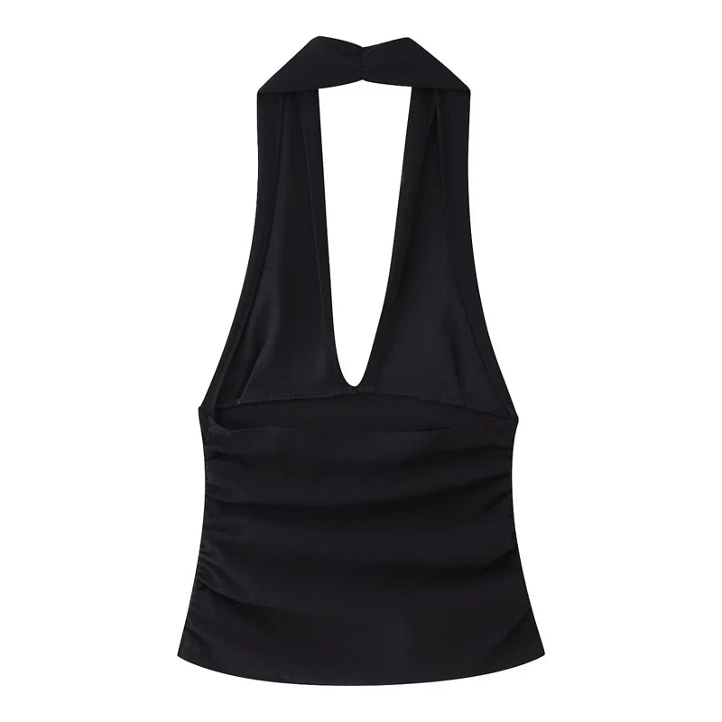 TRAF Halter Top Women Off Shoulder Deep V-Neck Crop Top y2k Sexy Backless Tank Top Street Style Casual Women's Summer Tops 2025