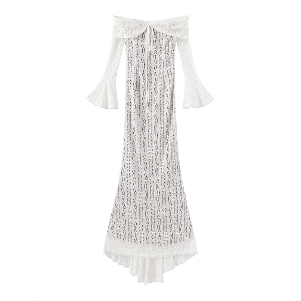 Suninheart White Off The Shoulder Autumn Bodycon Dress 2025 Long Sleeve Elegant Lace Maxi Dress Wedding Guest Dress for Women