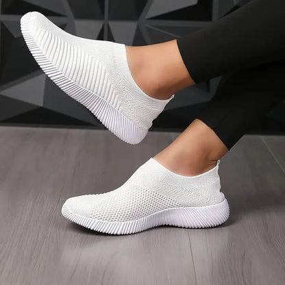 Women's Solid Color Sneakers Breathable Mesh Woven Outdoor Lightweight Low Top Walking Running Sports Socks Shoes White