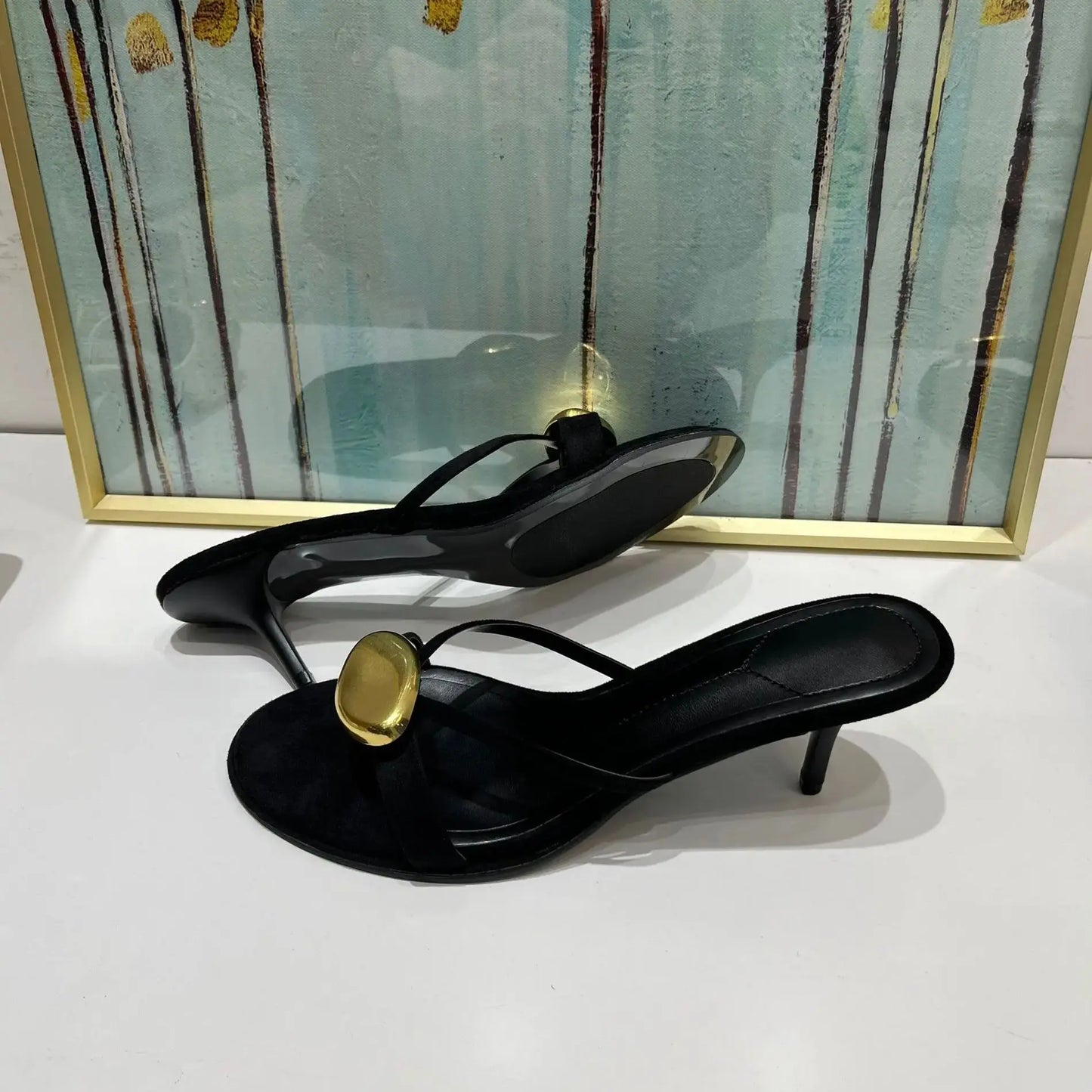 Shoes Woman 2025 Summer New Black Metal Decorative Women's Sandals Outerwear Fashion Open Toe Thin Heels Slippers