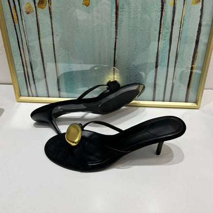 Shoes Woman 2025 Summer New Black Metal Decorative Women's Sandals Outerwear Fashion Open Toe Thin Heels Slippers