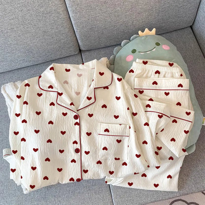 Spring and Autumn New Women's Pajamas Homewear Set Girls Gentle Wind Love Cardigan Pajamas Wrinkled Cloth Homewear Long-Sleeved