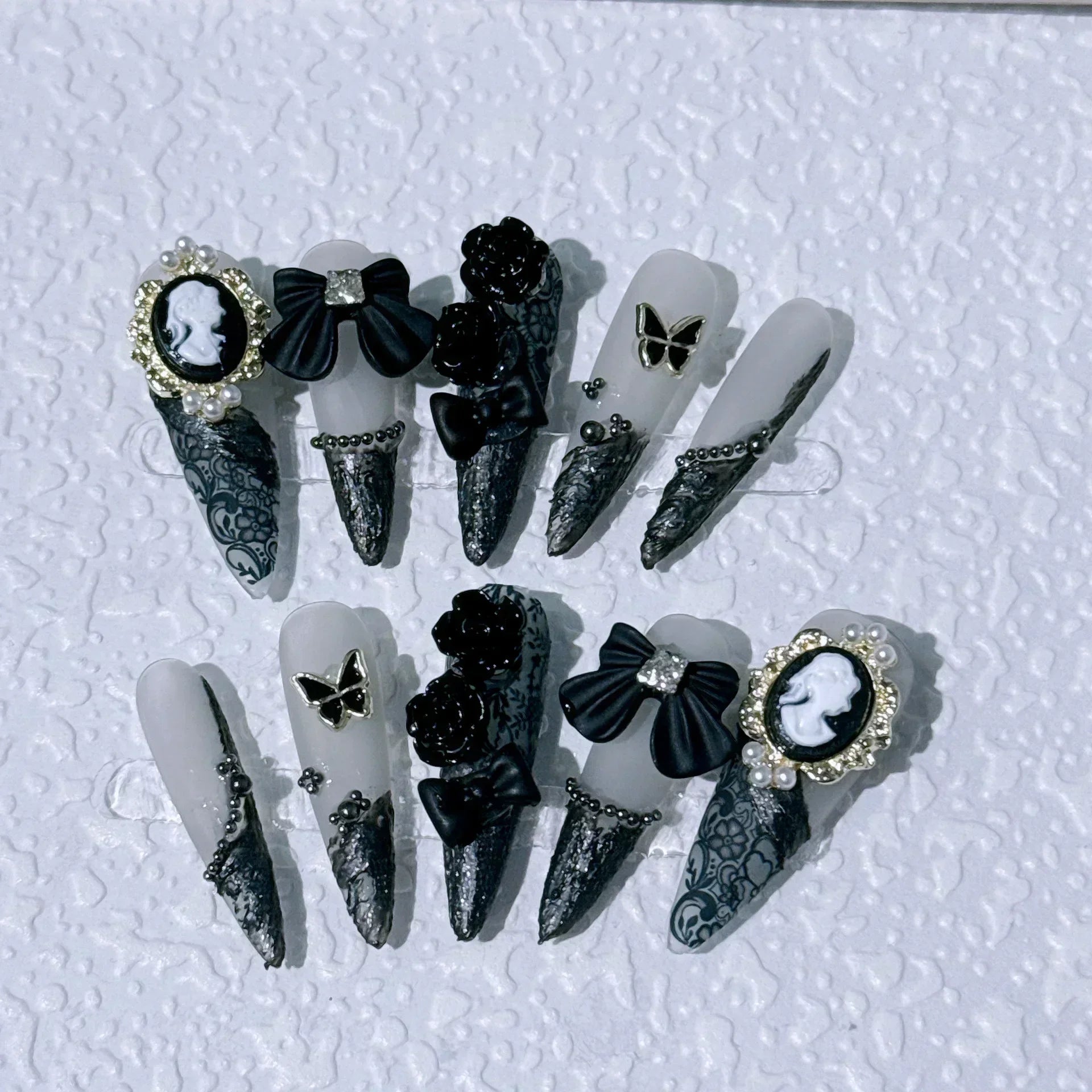 10pcs Ballet Acrylic Long Stiletto Black Glitter Sweet Cool Artificial Nails with Glue Handmade False Nails Y2k Stick on Nails 2 SIZE XS