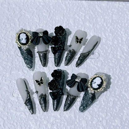 10pcs Ballet Acrylic Long Stiletto Black Glitter Sweet Cool Artificial Nails with Glue Handmade False Nails Y2k Stick on Nails 2 SIZE XS