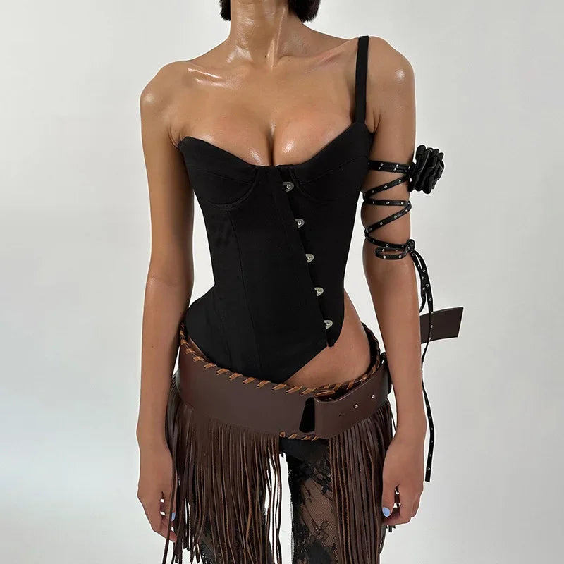 PixieKiki Sexy Black Busiter Corset Tops Club Wear Asymmetrical One Shoulder Backless Crop Top Women's Clothing 2024 C85-DD20