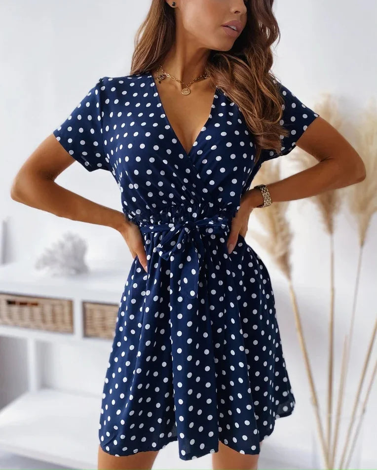 Summer Women's Polka Dot Printed Short Sleeved Casual Dress Fashionable V-neck Belt Commuting Dress Holiday Party Women's Dress