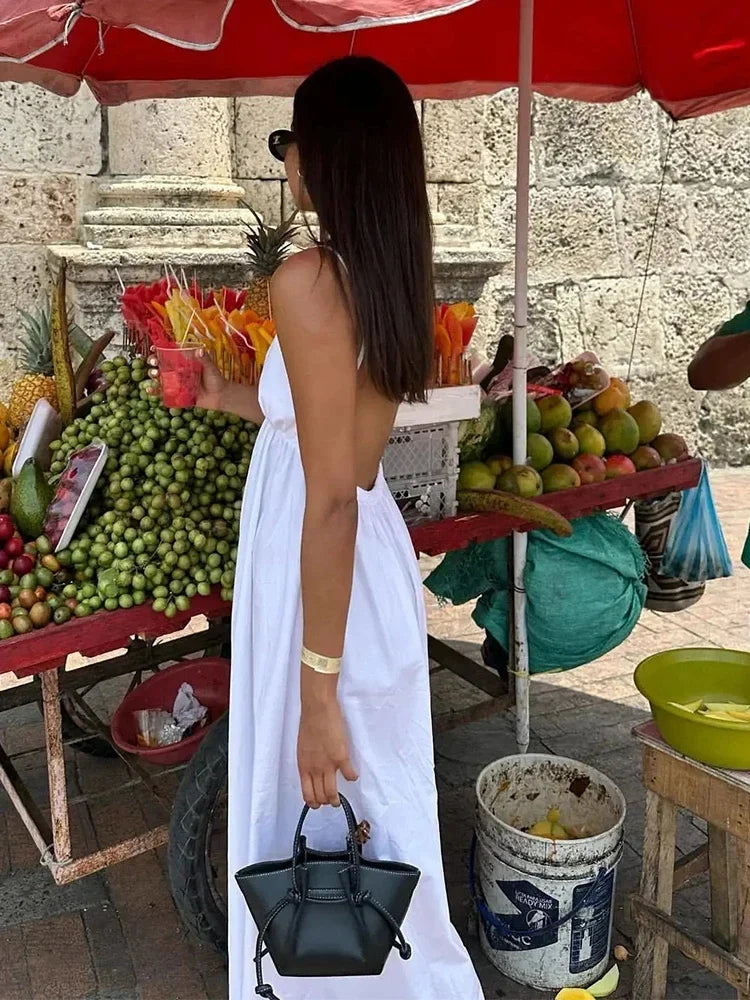 Women's Backless Midi Dress Waistband V Neck Solid Pullover High Waisted Loose Fitting Camisole A-line Skirt New Fashion Dresses