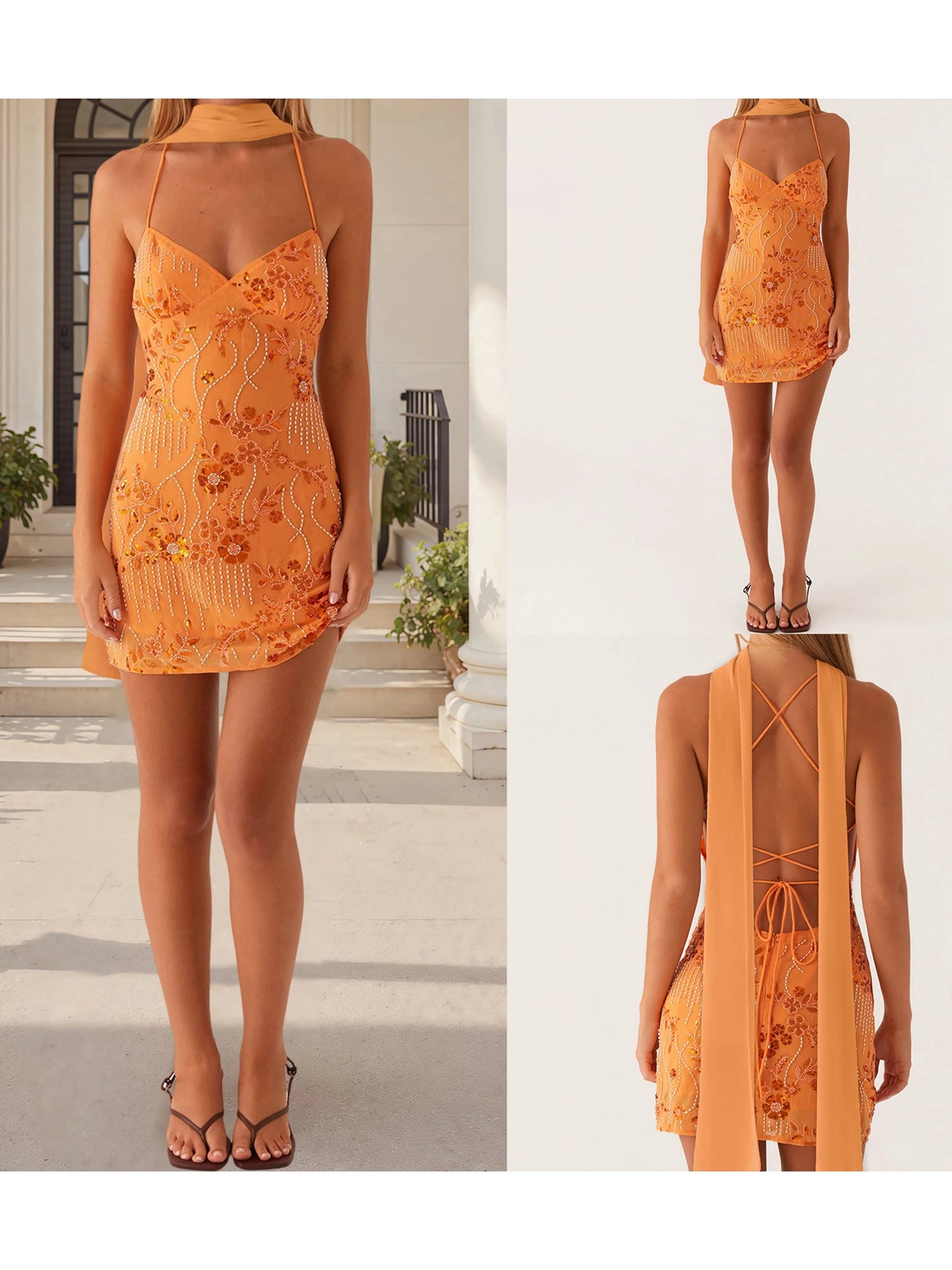 Elegant Women s Sleeveless Bodycon Dress with Spaghetti Straps and V Neckline Perfect for a Night Out with Matching Scarf