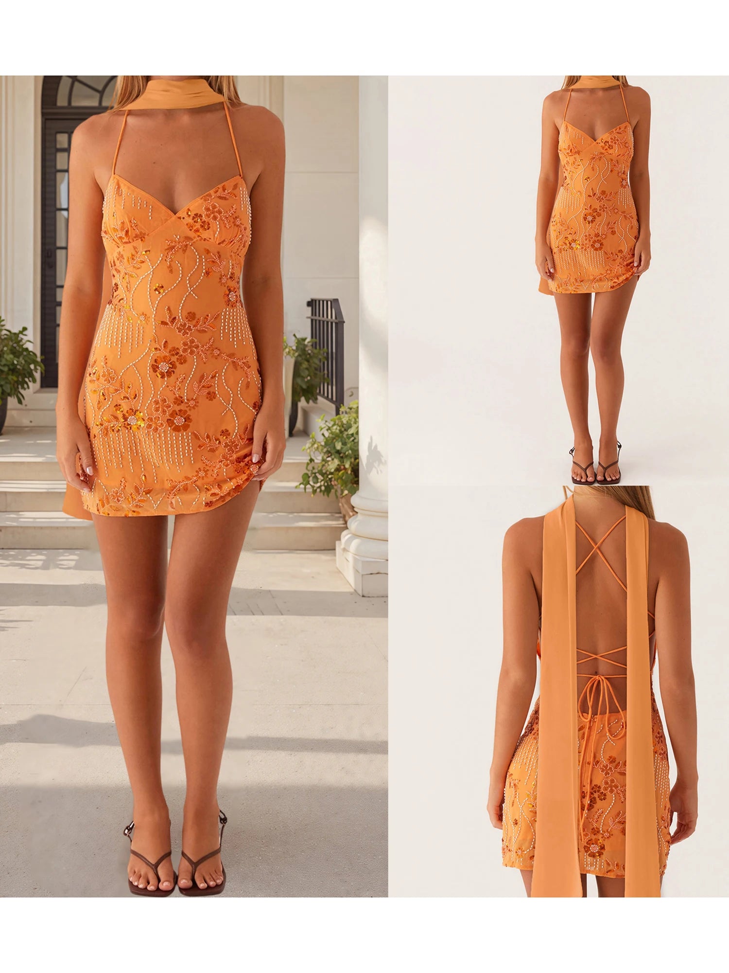 Elegant Women s Sleeveless Bodycon Dress with Spaghetti Straps and V Neckline Perfect for a Night Out with Matching Scarf