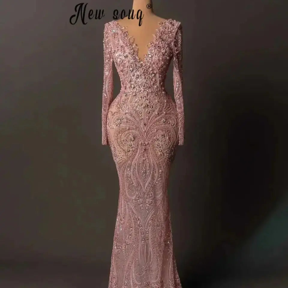 Customized Deep V Neck Dusty Pink Prom Dresses Beaded Lace Long Sleeve Wedding Party Gowns Bridal Wear Wedding Dresses Luxury Badiee Stylez