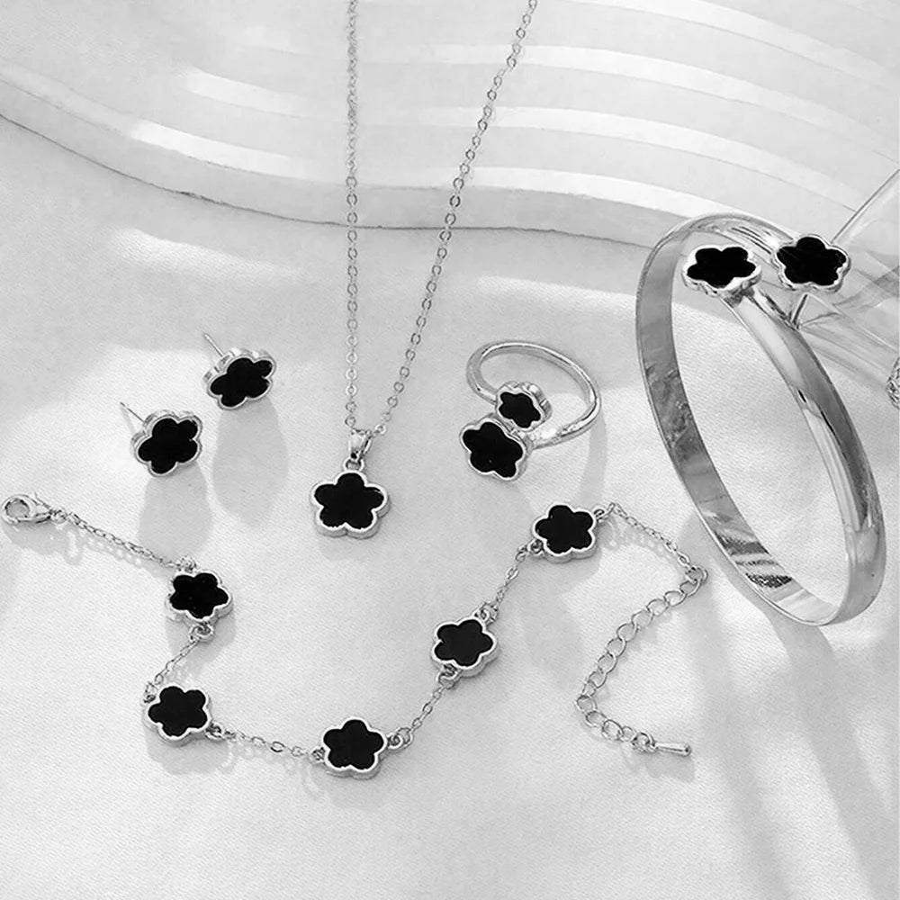 5pcs Lucky Five-petal Flower Women's Jewelry Set, Fashion Flower Bracelet + Necklace + Earrings + Bracelet + Ring, Birthday, Ann Badiee Stylez