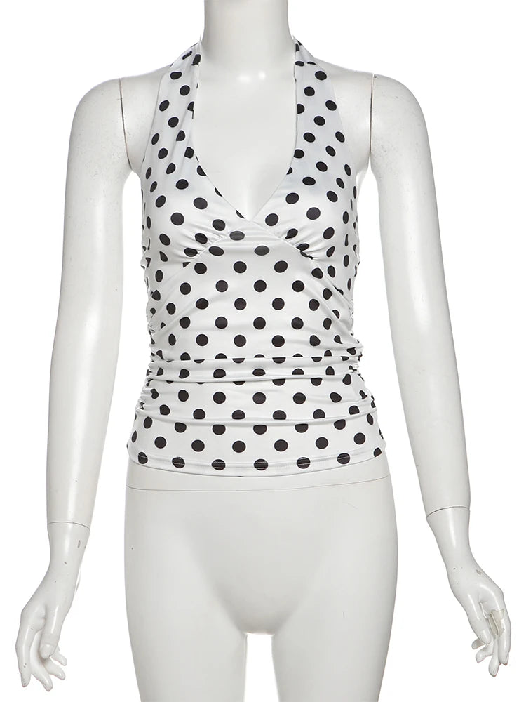 weird Puss Polka Dot Print Vest Women Y2K Lace-Up Backless Halter v-Neck Skinny Summer Trend Daily Street Basic Chic Tank Tops
