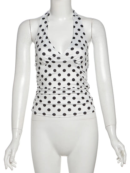 weird Puss Polka Dot Print Vest Women Y2K Lace-Up Backless Halter v-Neck Skinny Summer Trend Daily Street Basic Chic Tank Tops