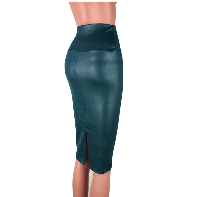 Leather Skirt Back Split Women Sexy Bodycon Pencil Skirt Sexy Office Lady Pencil Package Skirts High Waist Summer Long Skirt Blue 02