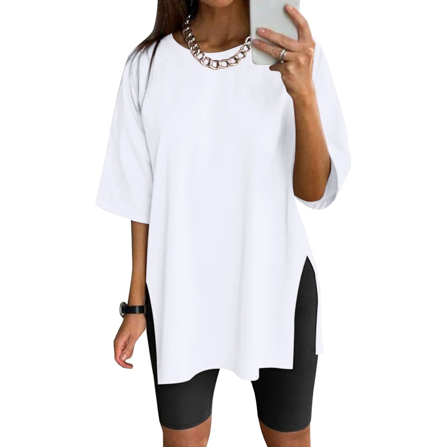 Extra Long Tops Women Oversize Sports Short Sleeve Blouses Summer Loose Tops Crew Neck Solid Large Size Side Split Pullover White