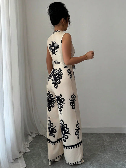 Women's fashion lace up printed V-neck wide leg jumpsuit Badiee Stylez