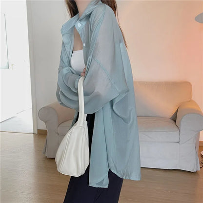 Semi Sheer Long Sleeve Shirt for Women Shimmer Button Down Collared Plain Lightweight Shirt Spring Summer Chic Tops Outfit