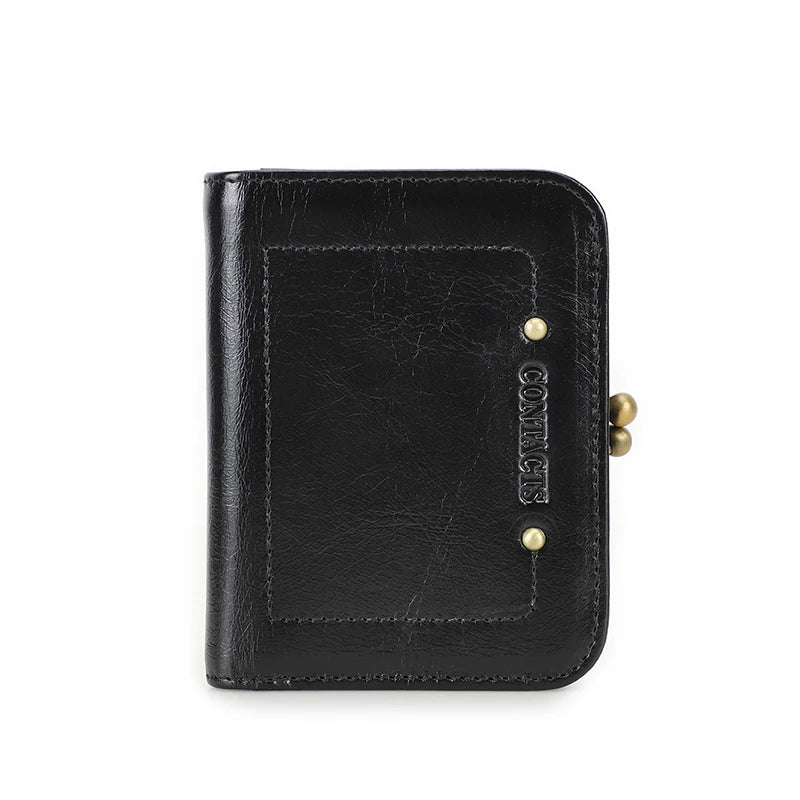 CONTACT'S Genuine Leather Short Wallets for Women Kiss Lock Classic Wallet Metal Frame Coin Purses Card Holder Money Clip Bags Black CHINA