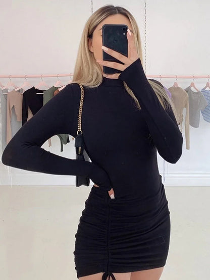 Long Sleeve Ruched Bodycon Dress Women Turtleneck Bandage Mini Dresses Autumn Black Skinny Stretchy Party Vestidos Black