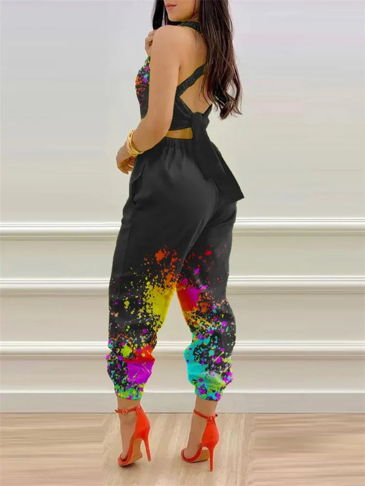 New Summer Fashion Printed Sleeveless Jumpsuit Sexy Hollow Backless Lace Up Long Jumpsuits Elegant Casual Jumpsuit With Pocket Badiee Stylez