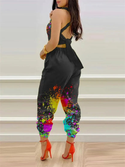 New Summer Fashion Printed Sleeveless Jumpsuit Sexy Hollow Backless Lace Up Long Jumpsuits Elegant Casual Jumpsuit With Pocket Badiee Stylez