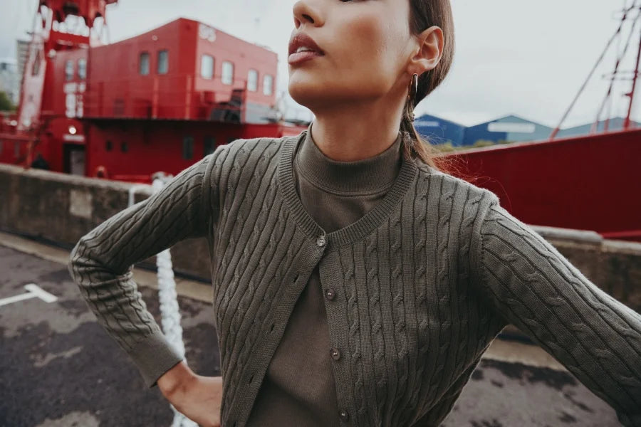 AS AW25 new design knitting cable cardigan + ribbing mockneck dress maxi length match for lady wear