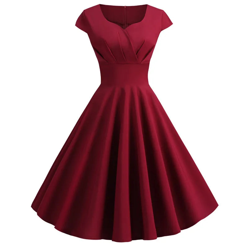Pink Summer Dress Women V Neck Vintage Robe Elegant Retro pin up Party Office Midi Dresses Claret