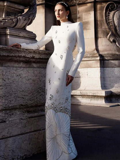 HIGH STREET Newest 2025 Designer Vestido Women's Long Sleeve Luxurious Crystal Diamonds Beaded Long Maxi Dress Badiee Stylez