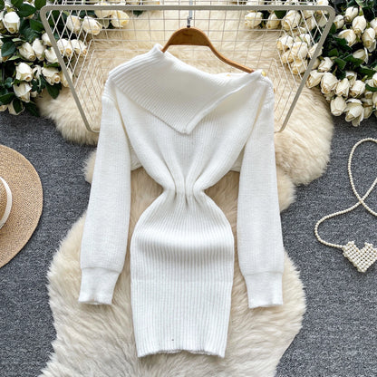 SINGREINY Autumn Knitwear Bodycon Dress Diagonal Collar High Elastic Slim Fit Design Female Light Luxury Solid Sweater Dress