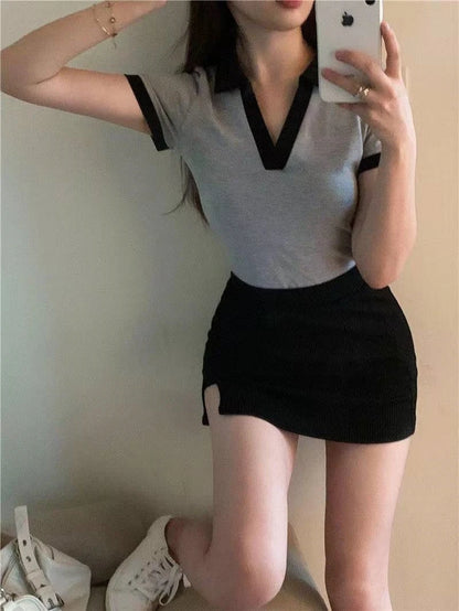 Summer Fashion Y2K T-shirt Woman Patchwork Polo Tee Shirt Femme Sexy OL Clothes Women Short Sleeve V-neck Tshirts Tops