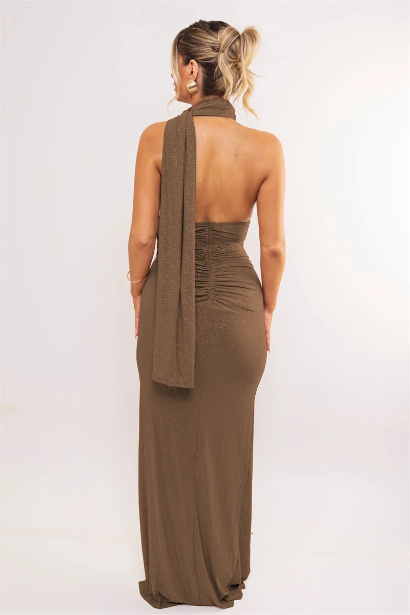 Mozision Halter Off-shoulder Sexy Maxi Dress Women Fashion Sleeveless Backless Ruched Split Club Party Bodycon Long Dresses