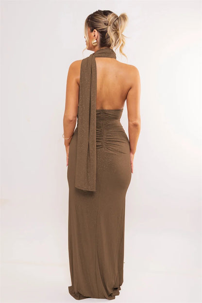 Mozision Halter Off-shoulder Sexy Maxi Dress Women Fashion Sleeveless Backless Ruched Split Club Party Bodycon Long Dresses